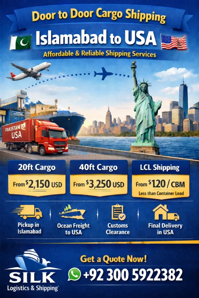Door to door cargo shipping Islamabad to USA rates.