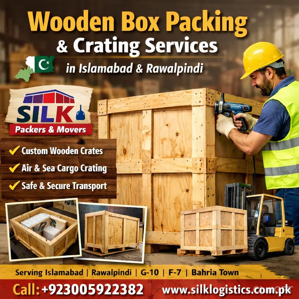 Professional wooden box packing pallets lift-vans and crating services by SILK Packers & Movers in Islamabad and Rawalpindi with custom wooden crates, air and sea cargo crating, and safe transport.